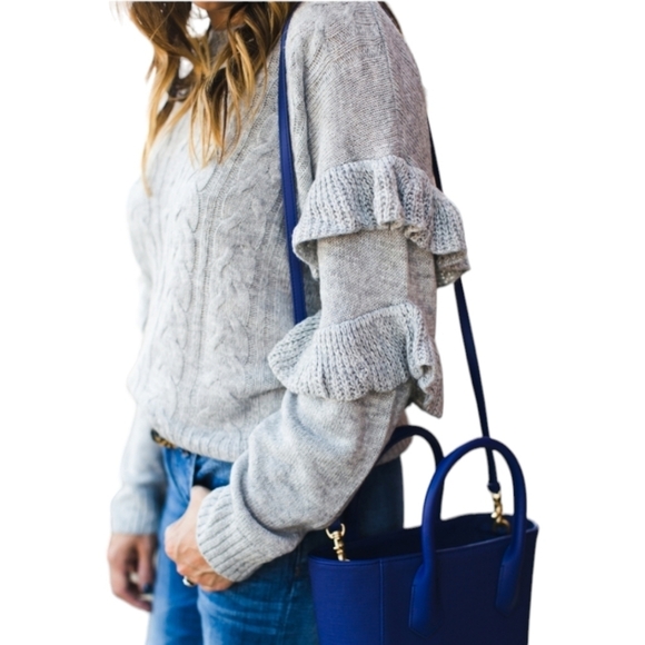 WAYF Sophie Crop Cable Knit Sweater Heather Gray Ruffle Sleeve Women Large Crew - Picture 5 of 16